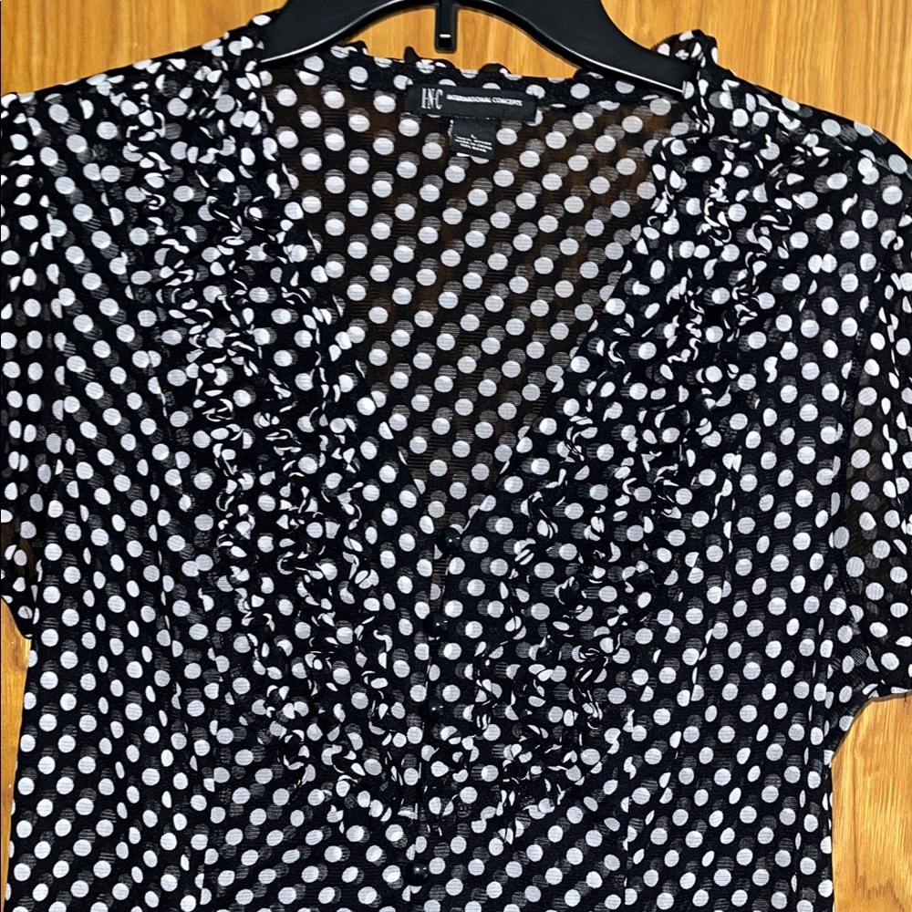 INC International Concepts Black and White Polka Dot Ruffle V-Neck Blouse - Picture 2 of 5